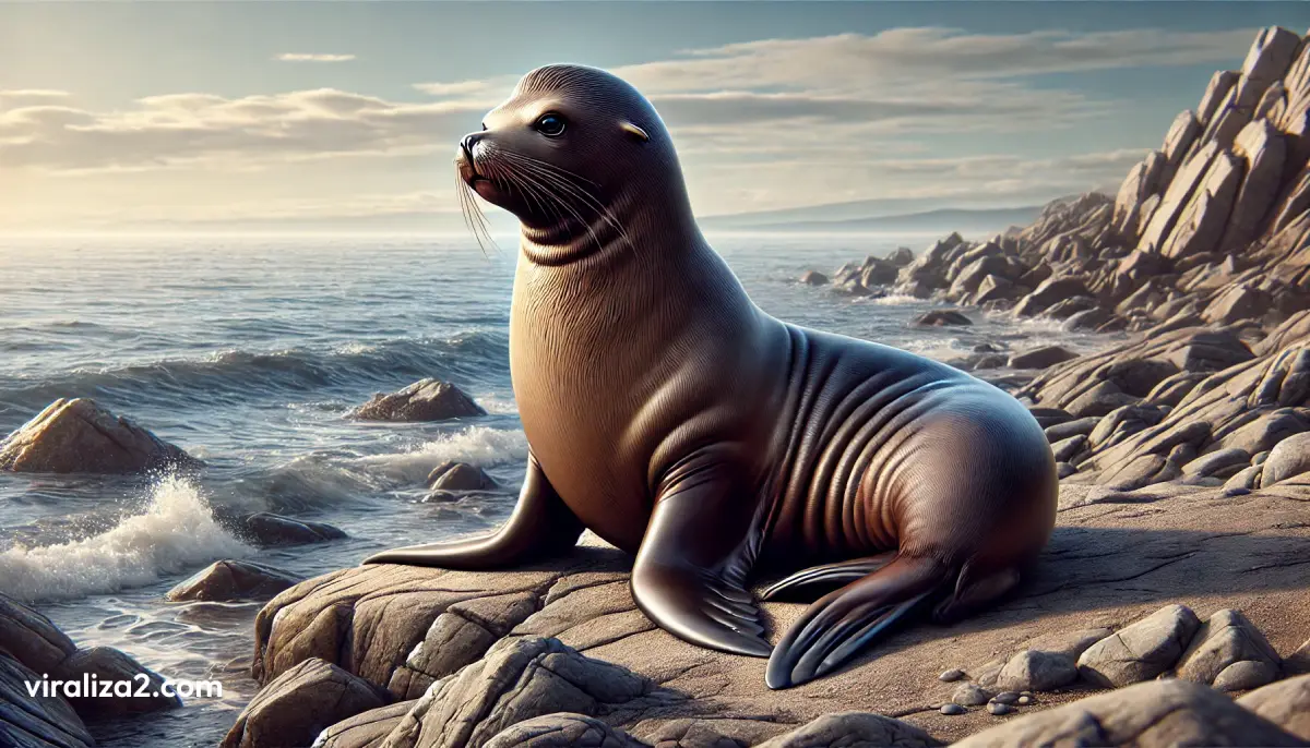 león marino de California descansando en una costa rocosa, con un océano tranquilo y un cielo azul como fondo.