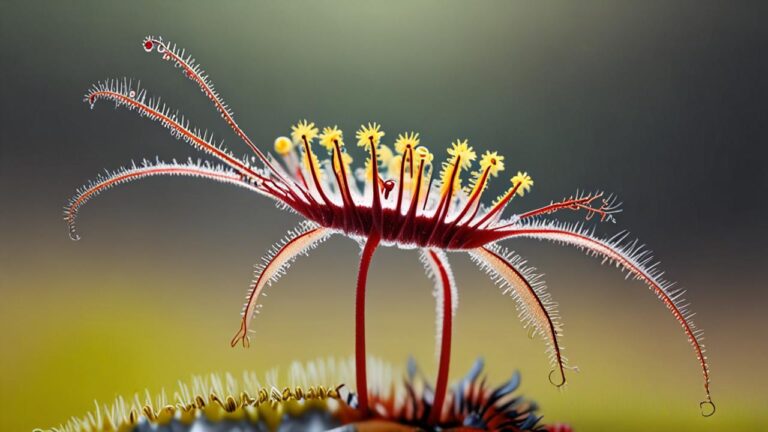 Drosera (Rocío de Sol): La planta carnívora que atrapa insectos con gotas de pegamento brillante y se enrolla lentamente sobre ellos para digerirlos vivos